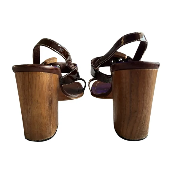 Women's Prada Brown Patent Leather Wood Heel Sandals Size 9 - Picture 7 of 11